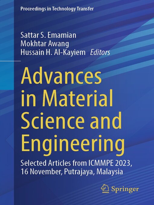 Title details for Advances in Material Science and Engineering by Sattar S. Emamian - Available